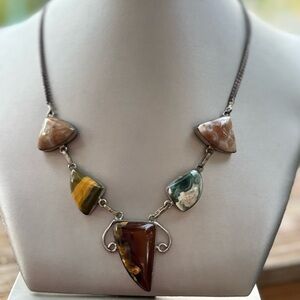 Vintage Sterling Silver Artisan Necklace w/ Mixed Natural Gemstones